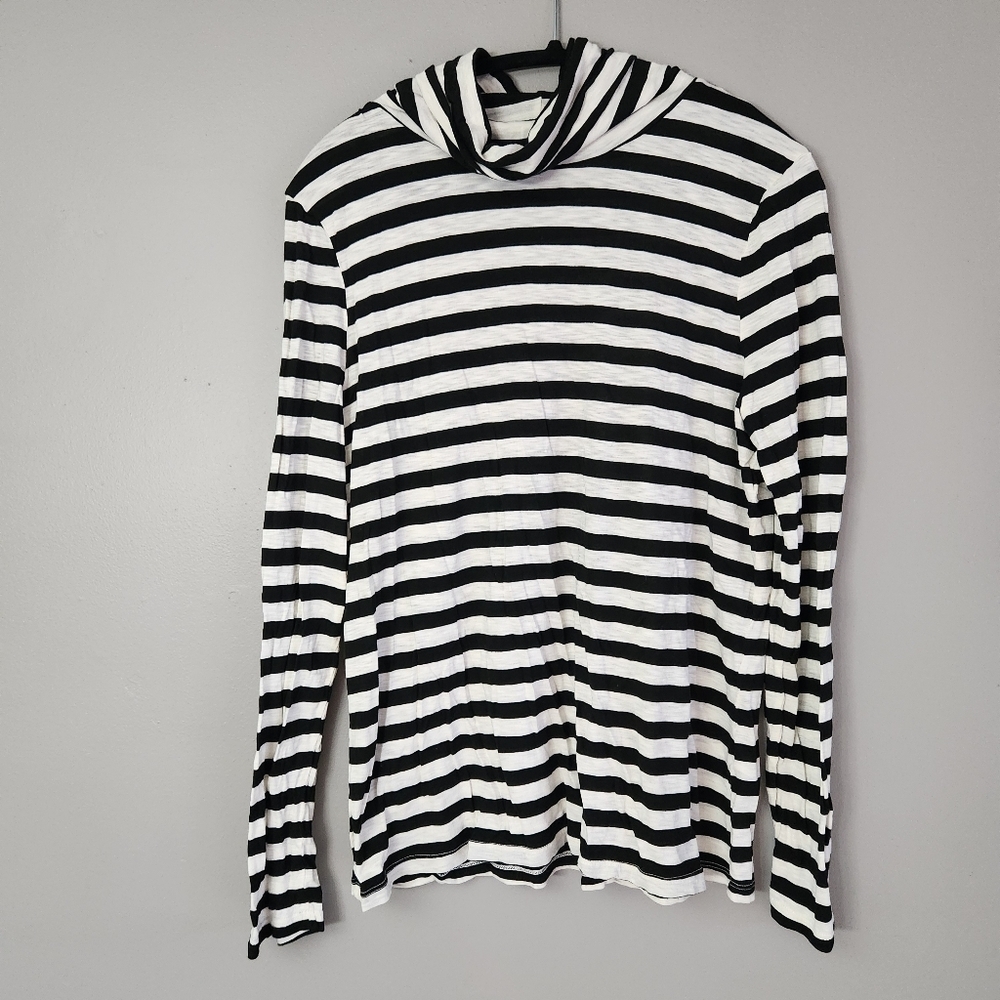 Michael Stars Jill Turtleneck Slub Stripe white Black Supima Cotton womens XL